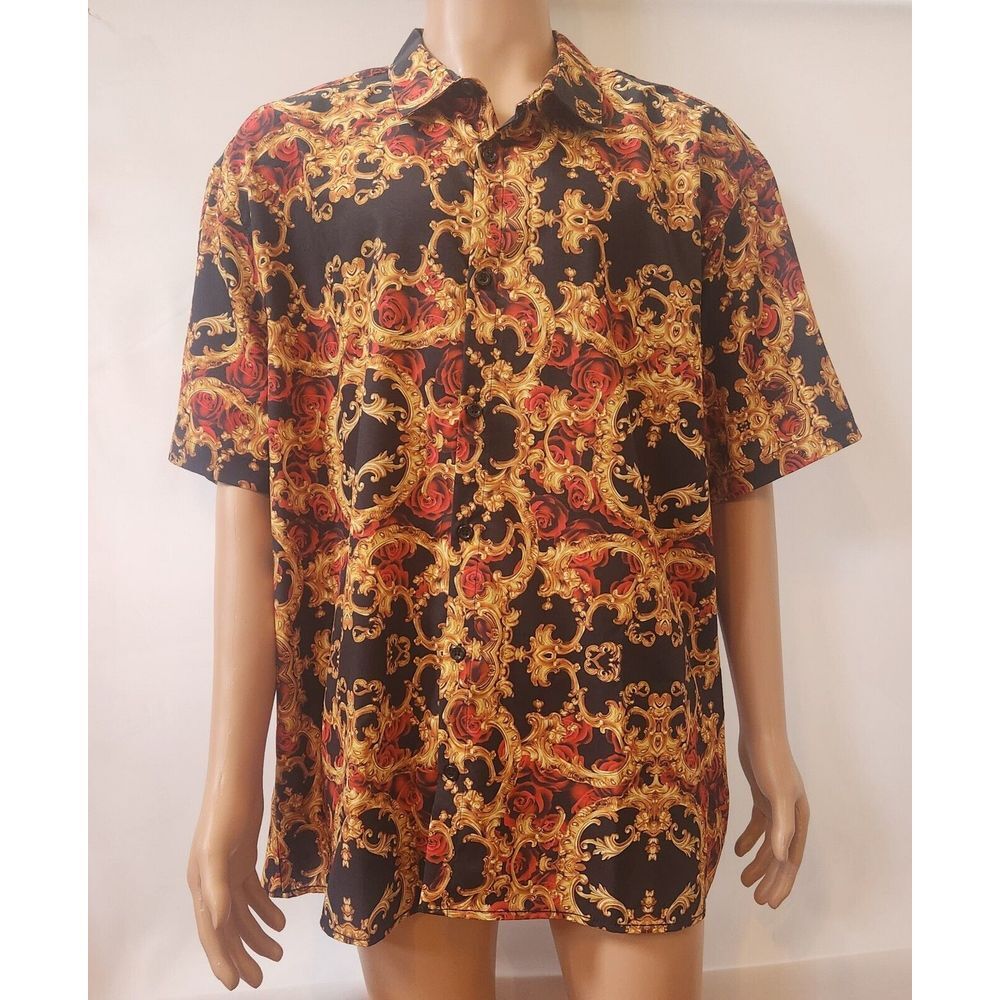 Baroque Gold By Drill Clothing Co. Gold And Red Roses Button Down Shirt 2XL